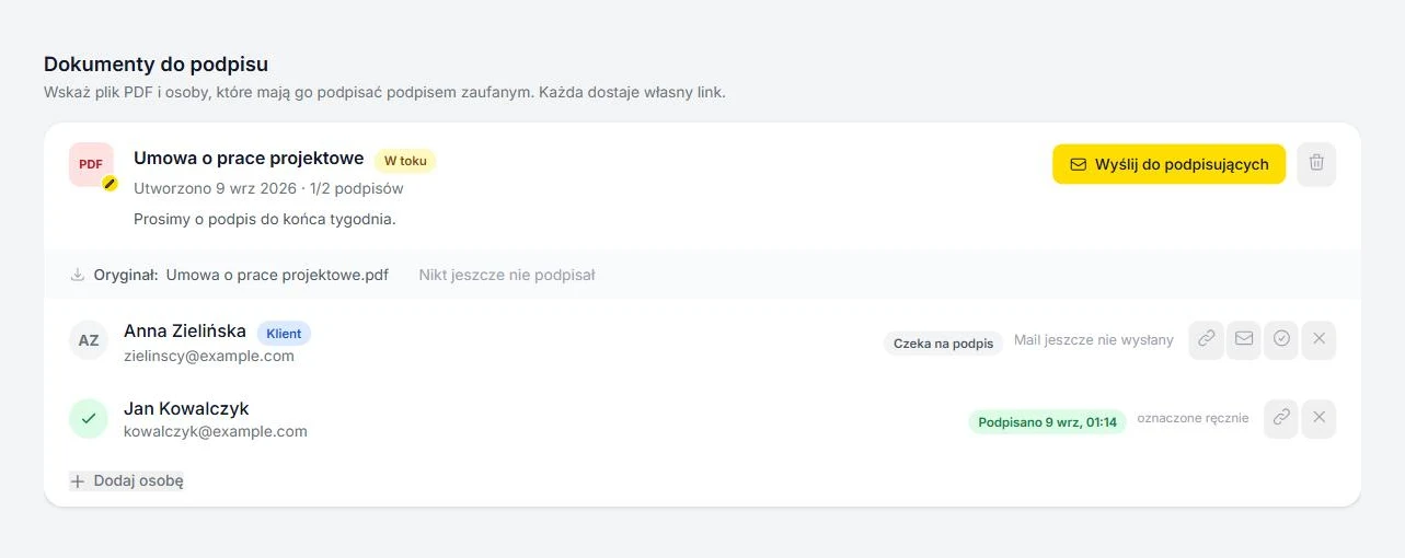 Dokumenty do podpisu: status podpisów klienta i przypomnienia